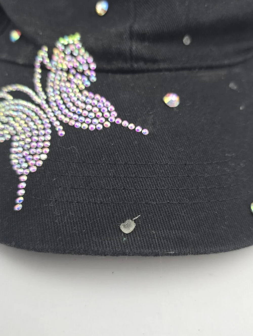 Women's Black Cotton Rhinestone Butterfly Adjustable Baseball Hat